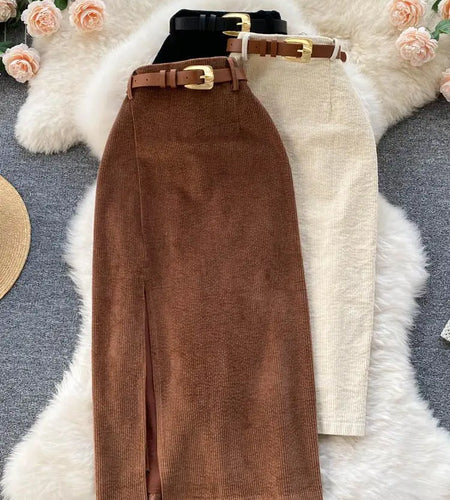 Women Korean Split Sexy Black Long Skirt 2024 Winter White Corduroy Slim Streetwear Fashion Vintage Autumn Brown Bodycon Skirts