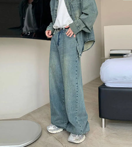 Male Wear New Vintage Washed Men's Jeans American Wide Leg Loose Denim Pants Trend Casual Straight Trousers Spring 9W1293