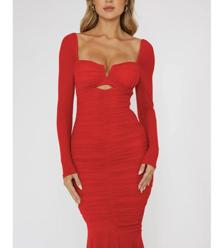 Fashion Mesh Patchwork Long Sleeved Dress Women's Double Fold Bandage Slim Fit Vesidos Elegant Party Evening Dress 2024