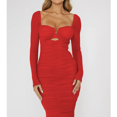 Load image into Gallery viewer, Fashion Mesh Patchwork Long Sleeved Dress Women's Double Fold Bandage Slim Fit Vesidos Elegant Party Evening Dress 2024
