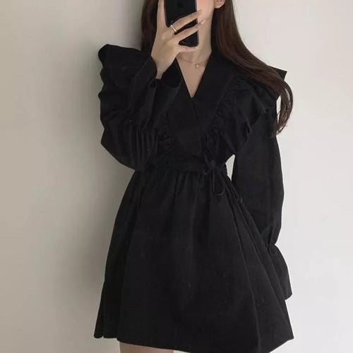 Load image into Gallery viewer, Vintage Black Ruffles Short Dresses Women Korean Fashion Casual Wrap Mini Dress Spring Summer Kpop V-neck Robe Famele
