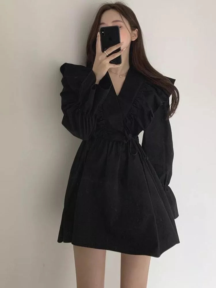 Vintage Black Ruffles Short Dresses Women Korean Fashion Casual Wrap Mini Dress Spring Summer Kpop V-neck Robe Famele