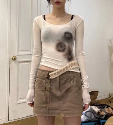 Japanese Y2k Mesh Top Trashy 2000s See Through Crop Top Vintage Harajuku Tattoo Print Sheer Top Grunge Aesthetics Korean