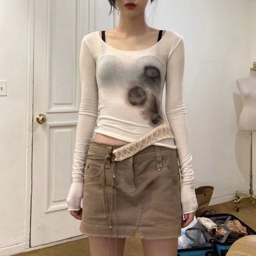 Load image into Gallery viewer, Japanese Y2k Mesh Top Trashy 2000s See Through Crop Top Vintage Harajuku Tattoo Print Sheer Top Grunge Aesthetics Korean
