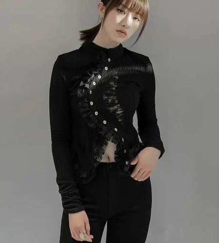 Black Lace Irregular Knitting Cardigan Sweater Stand Collar Long Sleeve Women New Fashion Tide Spring Autumn 2025 1DF5704