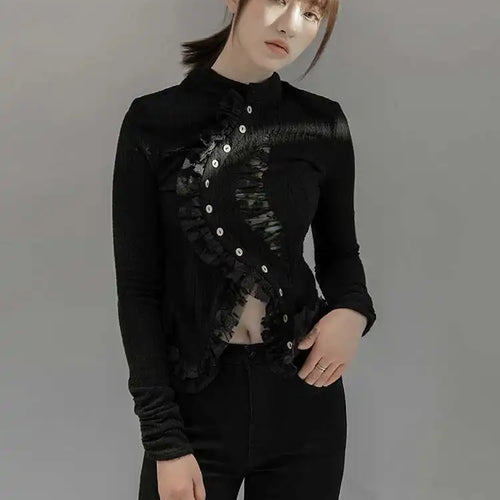 Load image into Gallery viewer, Black Lace Irregular Knitting Cardigan Sweater Stand Collar Long Sleeve Women New Fashion Tide Spring Autumn 2025 1DF5704
