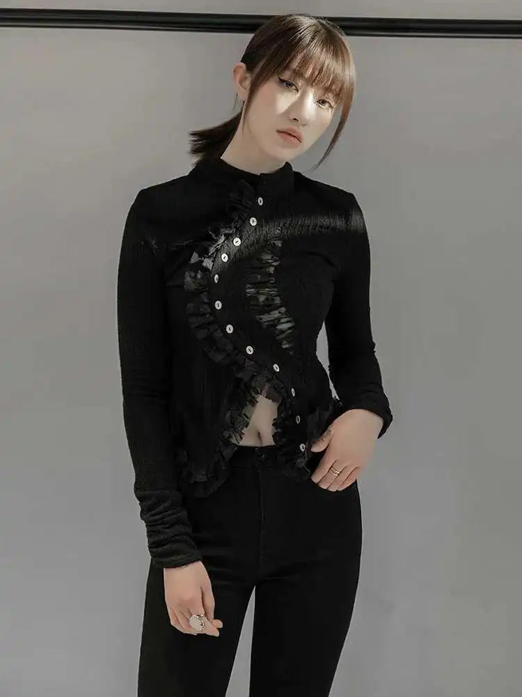 Black Lace Irregular Knitting Cardigan Sweater Stand Collar Long Sleeve Women New Fashion Tide Spring Autumn 2025 1DF5704