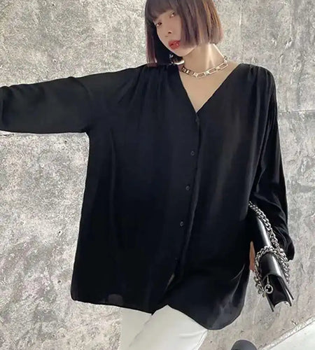 Women Black Elegant Big Size Casual Blouse New V-neck Long Sleeve Loose Fit Shirt Fashion Tide Spring Autumn 2025 1DH0656