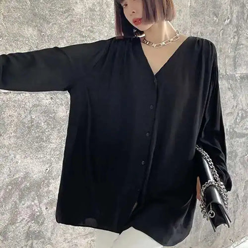 Load image into Gallery viewer, Women Black Elegant Big Size Casual Blouse New V-neck Long Sleeve Loose Fit Shirt Fashion Tide Spring Autumn 2025 1DH0656
