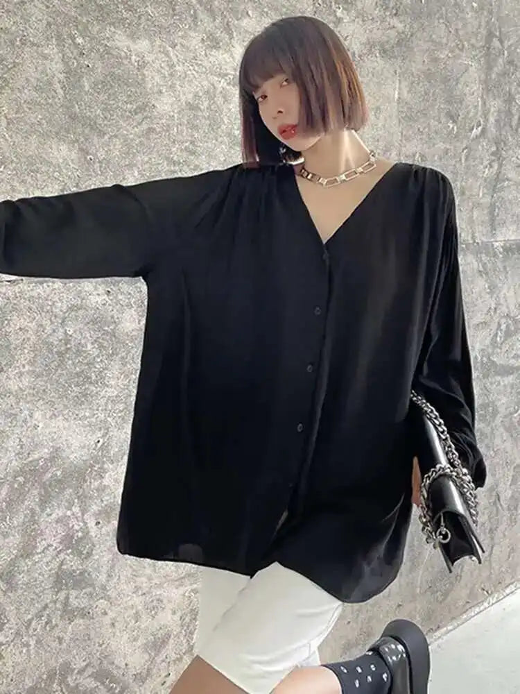 Women Black Elegant Big Size Casual Blouse New V-neck Long Sleeve Loose Fit Shirt Fashion Tide Spring Autumn 2025 1DH0656