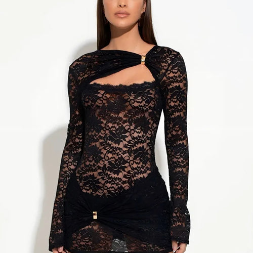 Load image into Gallery viewer, Hollow Out See Throug Lace Sexy Mini Dress Women Robe Black Long Sleeve Ruched Skinny Club Party Dress Elegant Dresses
