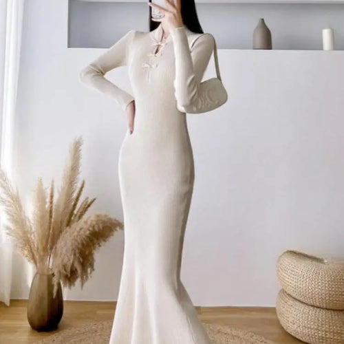 Load image into Gallery viewer, Autumn Winter Chinese Style Women's Solid Bottom Long Sleeved Dress Retro Hollow Out Wrap Hip Knitwear Fishtail Dress 2024 Trend
