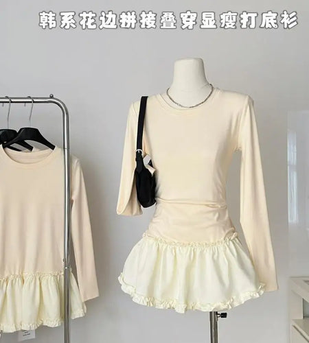 Autumn Winter Women Fashion Black Round Neck Long Sleeved Pleated Short Dress 2024 Beige Sexy Elegant Ruffles Mini Dress Popular