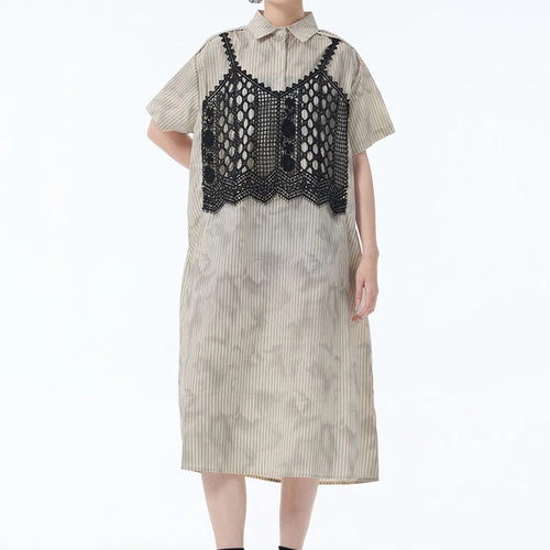 Load image into Gallery viewer, Women Black Striped Lace Spliced Big Size Midi Shirt Dress New Lapel Short Sleeve Fashion Tide Spring Summer 2025 1DJ1257
