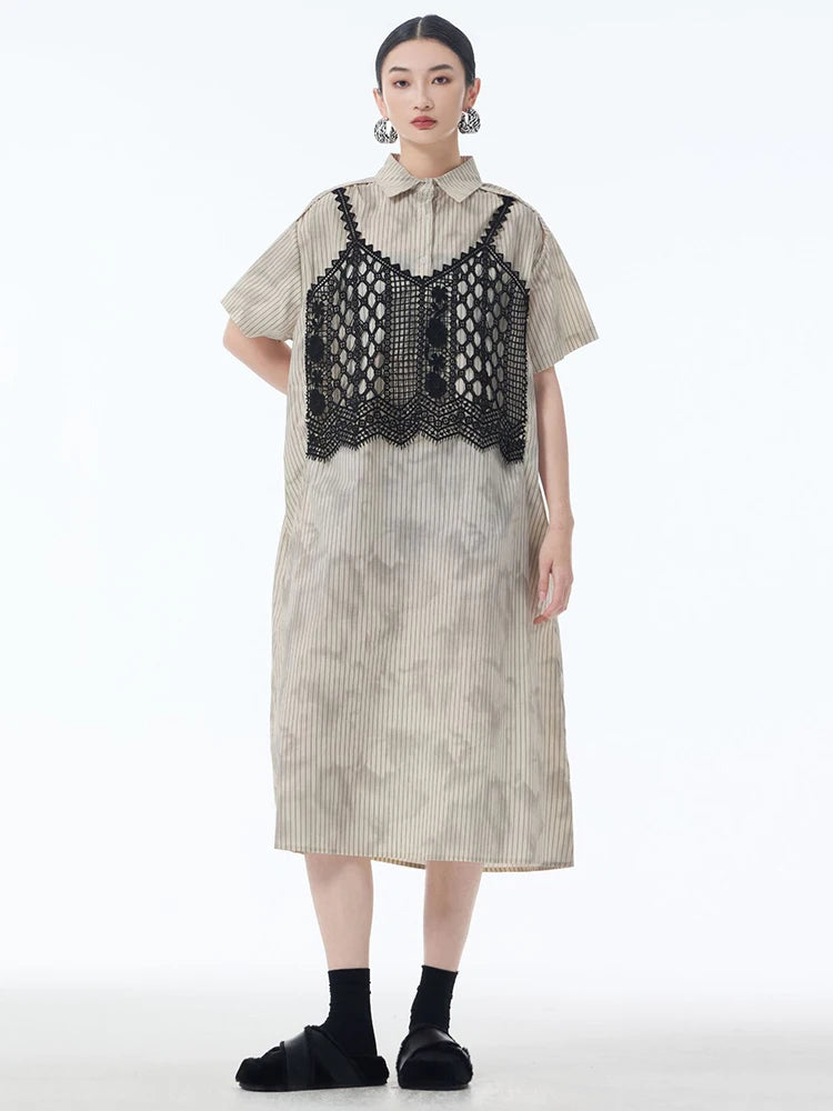 Women Black Striped Lace Spliced Big Size Midi Shirt Dress New Lapel Short Sleeve Fashion Tide Spring Summer 2025 1DJ1257