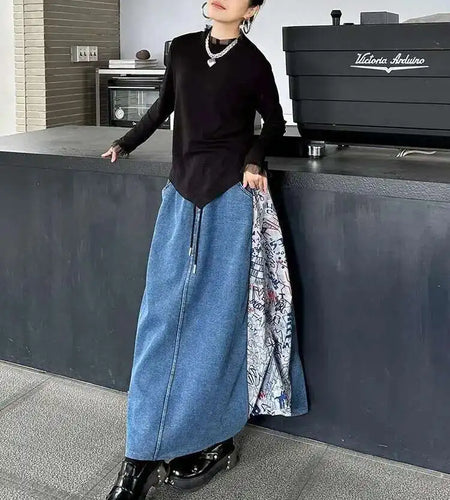 High Elastic Waist Green Pattern Printed Denim A-line Half-body Skirt Women Fashion Tide New Spring Autumn 2025 1DH8732