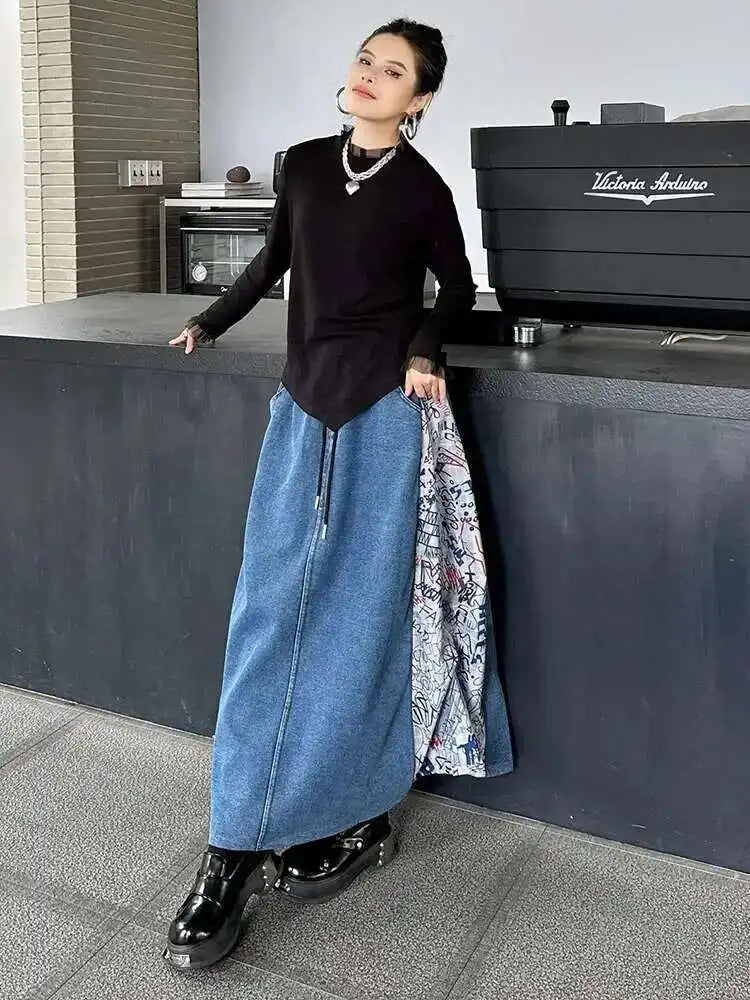 High Elastic Waist Green Pattern Printed Denim A-line Half-body Skirt Women Fashion Tide New Spring Autumn 2025 1DH8732