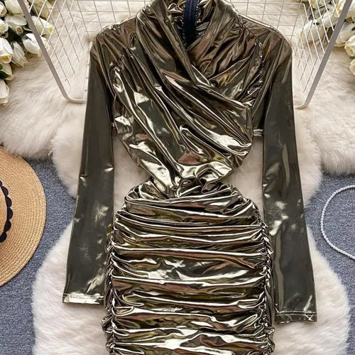 Load image into Gallery viewer, French Solid Elegant Office Ruched Holiday Party Wrapped Hip Mini Dress Women Short Pleated Zipper Evening Dress Popular Autumn
