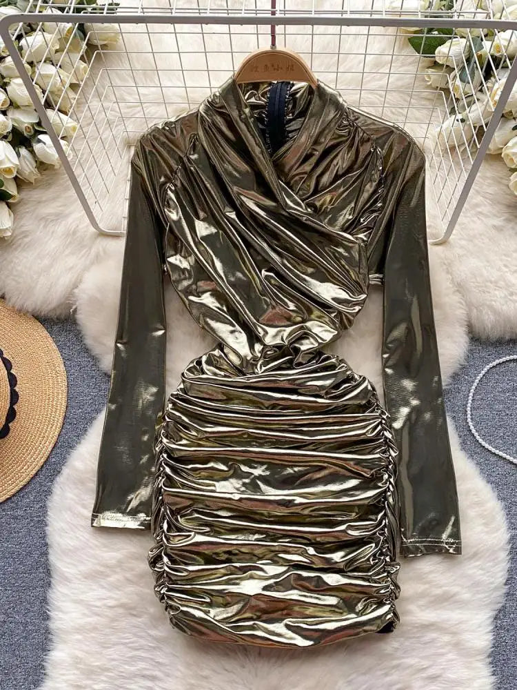 French Solid Elegant Office Ruched Holiday Party Wrapped Hip Mini Dress Women Short Pleated Zipper Evening Dress Popular Autumn