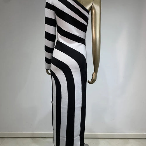 Load image into Gallery viewer, Hit Color Slimming Striped Dresses For Women Diagonal Collar One Shoulder Sleeve High Waist Split Dress Female New
