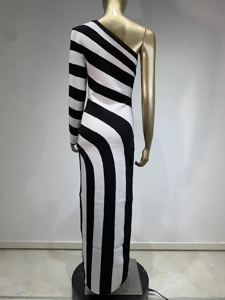 Hit Color Slimming Striped Dresses For Women Diagonal Collar One Shoulder Sleeve High Waist Split Dress Female New