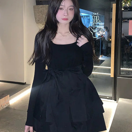 Load image into Gallery viewer, Black Cake Mini Dress Women Vintage Design Square Collar Long Sleeve Short Dresses Korean Fashion Kpop Autumn
