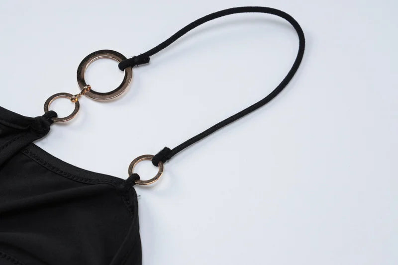 Strapless Metal Ring Cut Out Maxi Dress Women Black Halter Low Cut Backless Hollow Out Bodycon Sexy Party Long Dress