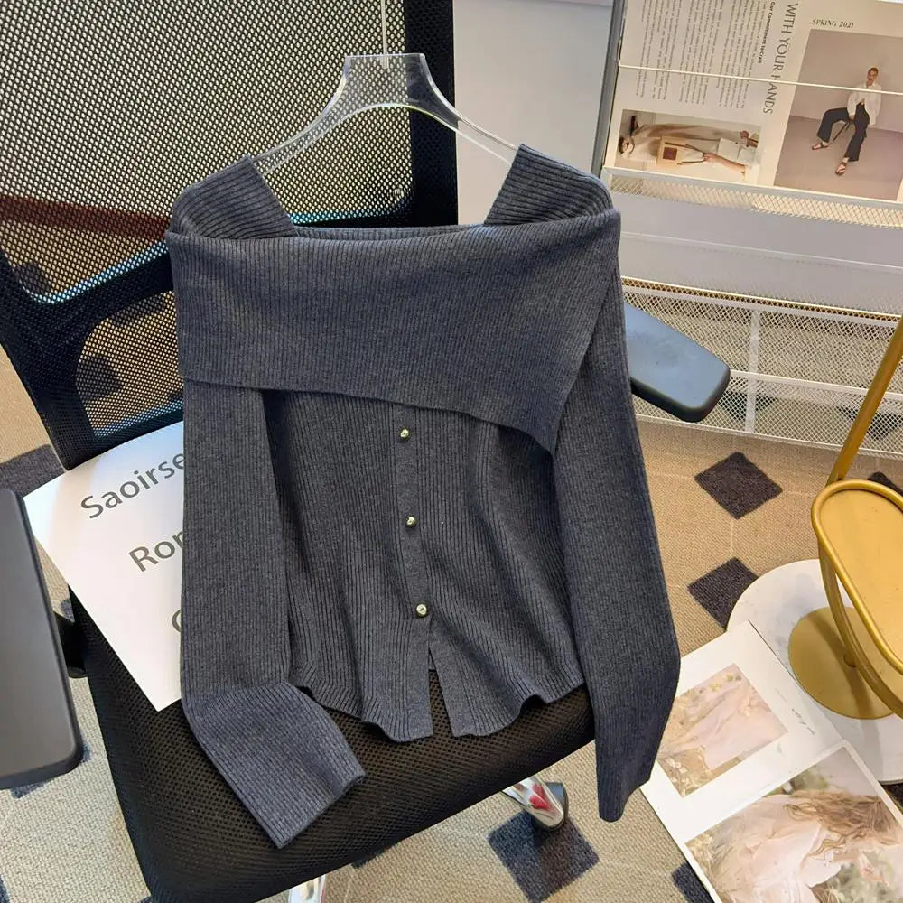 Autumn Winter Korean Black Square Neck Long Sleeve Versatile Sweater Women Red Single Breasted Short Knitted Tops Popular Simple