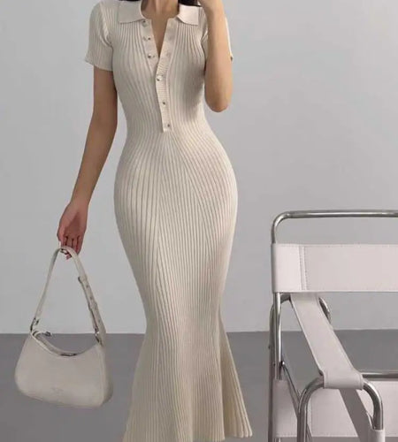 Korean Version Summer Solid Elegant Office Lady Button Knitted Long Dress Women's Slim Short Sleeve Wrapped Hip Fishtail Dresses