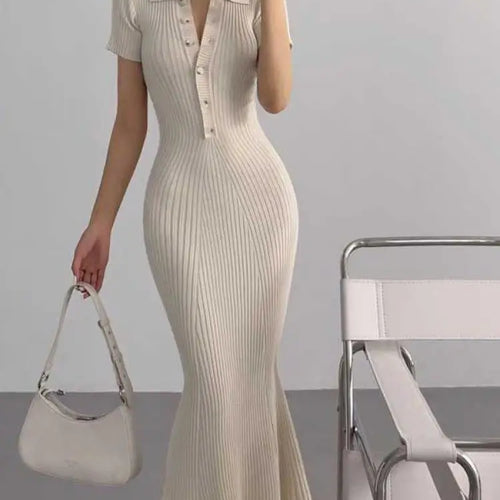 Load image into Gallery viewer, Korean Version Summer Solid Elegant Office Lady Button Knitted Long Dress Women's Slim Short Sleeve Wrapped Hip Fishtail Dresses
