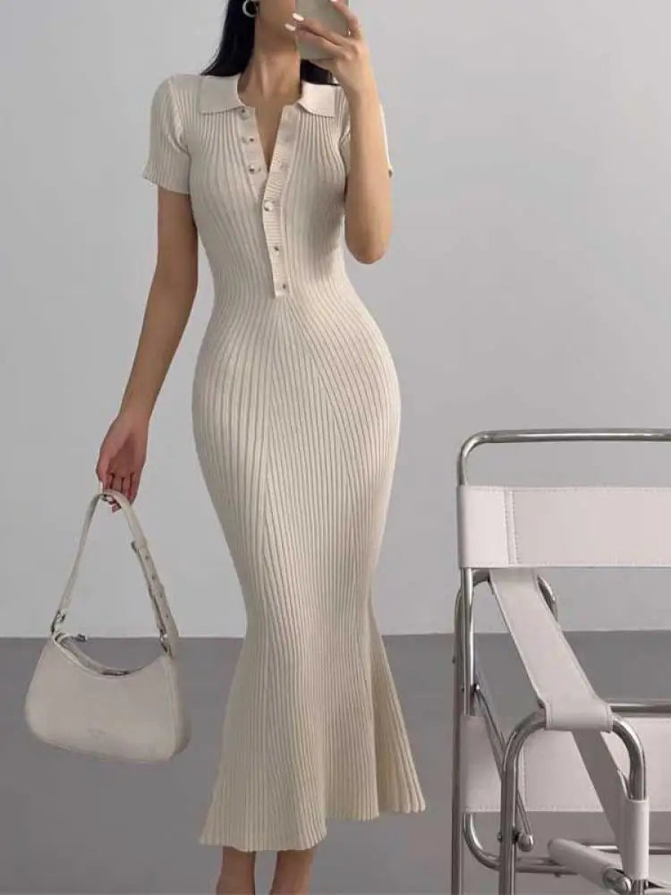 Korean Version Summer Solid Elegant Office Lady Button Knitted Long Dress Women's Slim Short Sleeve Wrapped Hip Fishtail Dresses