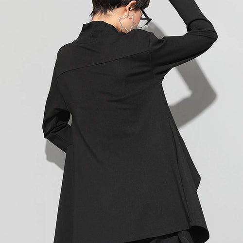 Load image into Gallery viewer, Spring Autumn  High Collar Long Sleeve Black Irregular Hem Loose T-shirt Women Fashion Tide All-match JK397
