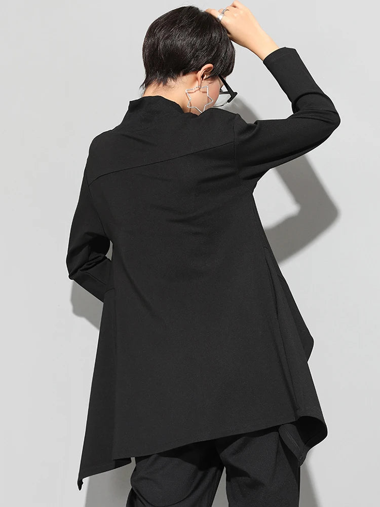 Spring Autumn  High Collar Long Sleeve Black Irregular Hem Loose T-shirt Women Fashion Tide All-match JK397