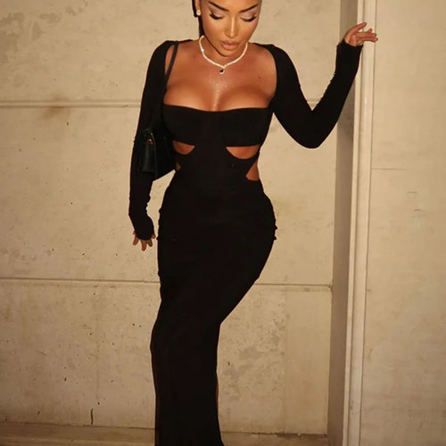 Load image into Gallery viewer, Sexy Hollow Out Long Sleeved Square Neck Bodycon Party Club Evening Dress Women 2025 Spring New Elegant Tight Vestido
