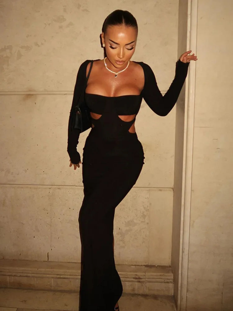 Sexy Hollow Out Long Sleeved Square Neck Bodycon Party Club Evening Dress Women 2025 Spring New Elegant Tight Vestido