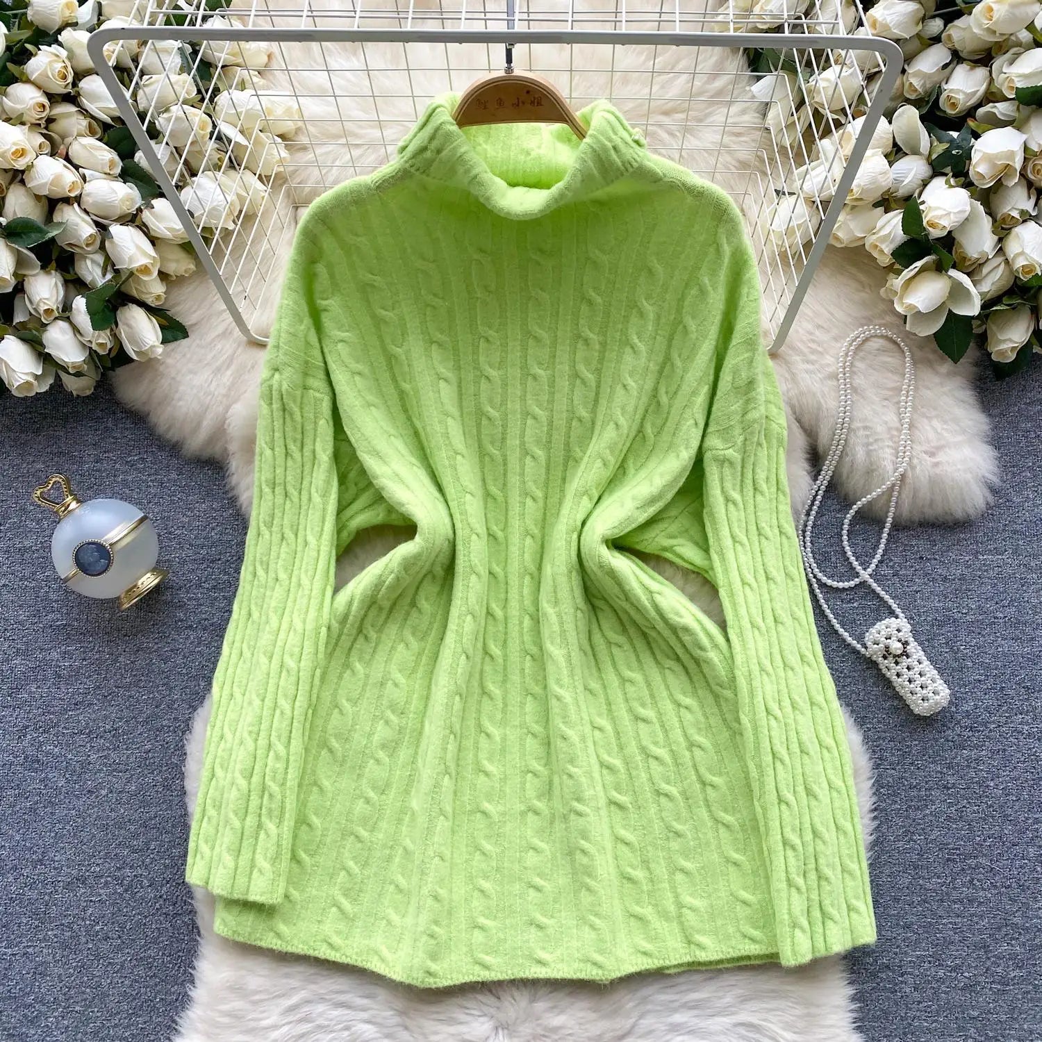 Autumn Winter Women's Solid Elegant High-neck Knitting Sweater Female Loose Thick Warm Long Sleeves Simple Crochet Pullover Tops