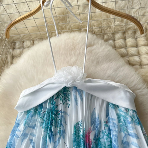 Load image into Gallery viewer, Summer New French Women's Blue Floral Patchwork Temperament Pleated Halter Lace-up Dress Vintage Elegant Backless Evening Dress
