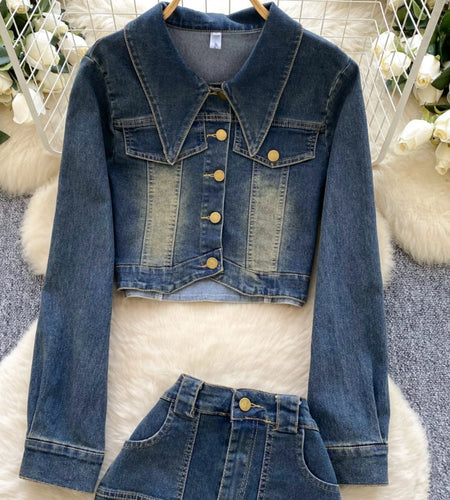 Autumn Winter Retro Festival Two Pieces Set Women Blue Single Breasted Elegant Short Denim Tops And High Waist Long Skirt Suits