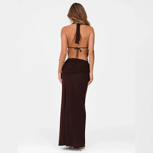 Load image into Gallery viewer, Hollow Out Lace-up Sexy Skirt 2 Piece Sets Women Brown Halter Crop Tops And Maxi Skirt Female Skinny Sexy Two Piece Set
