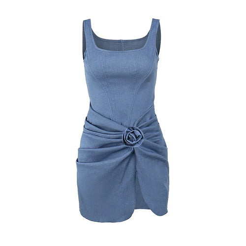 Load image into Gallery viewer, Flower Denim Mini Dress For Women Fashion Strapless Backless Ruched Dresses Femme Sleeveless Skinny Sexy Dress
