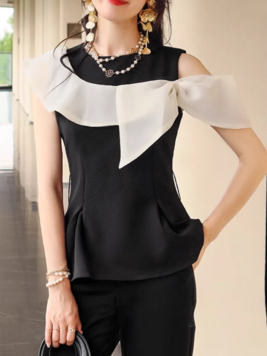 Hit Color Two Piece Set For Women O Neck Sleeveless Tunic Top High Waist Temperament Slim Pant Sets Female Fashion