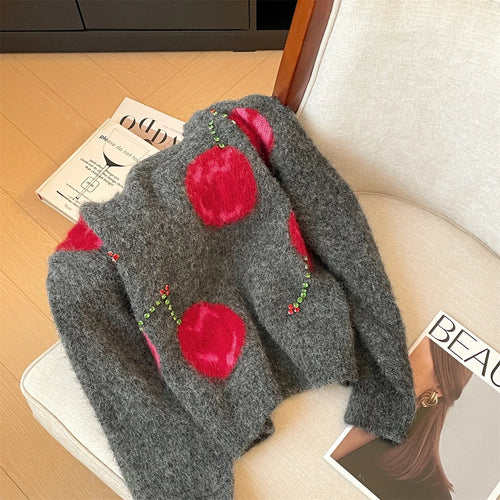 Load image into Gallery viewer, Autumn Winter Grey Patchwork Diamond Elegant Short Knitted Sweater Korean Women's Round Neck Long Sleeved Festival Pullover Tops
