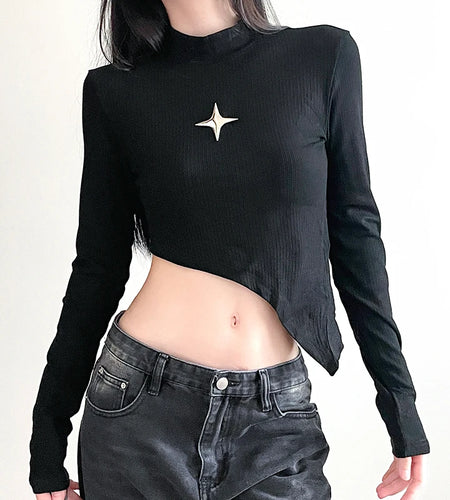 Casual Black Cotton Slim Women T-shirt Top Asymmetrical Long Sleeve Korean Tee Shirts Metal Basic Spring Autumn Shirt