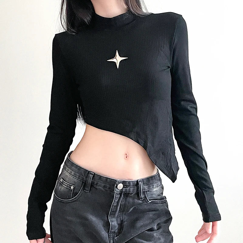 Casual Black Cotton Slim Women T-shirt Top Asymmetrical Long Sleeve Korean Tee Shirts Metal Basic Spring Autumn Shirt