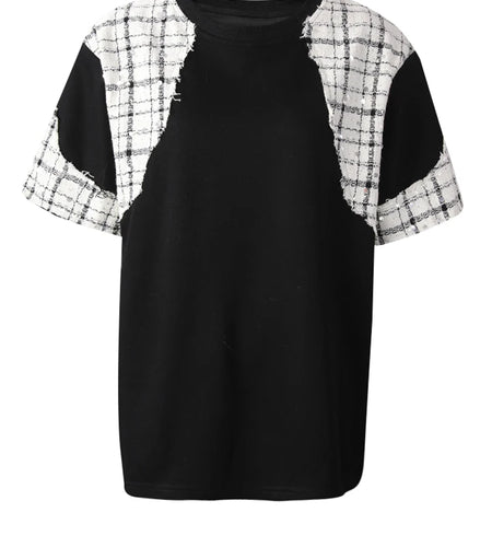 Women Black Tweed Color-block Spliced Big Size T-shirt New Round Neck Short Sleeve Fashion Tide Spring Summer 2025 CPG3061