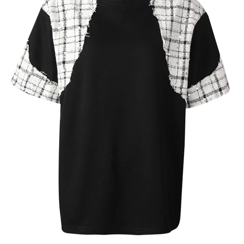 Load image into Gallery viewer, Women Black Tweed Color-block Spliced Big Size T-shirt New Round Neck Short Sleeve Fashion Tide Spring Summer 2025 CPG3061
