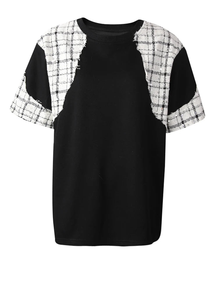 Women Black Tweed Color-block Spliced Big Size T-shirt New Round Neck Short Sleeve Fashion Tide Spring Summer 2025 CPG3061