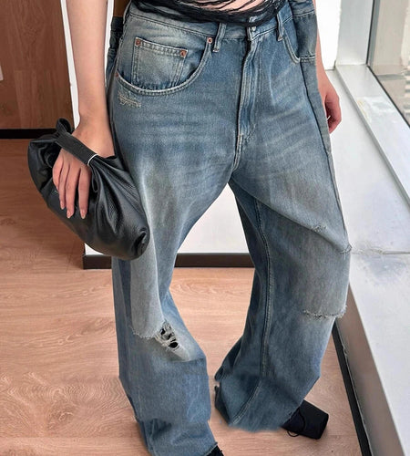 Solid Loose Spliced Hole Casual Jeans for Women High Waist Patchwork Pocket Basics Jean Female Fashion Clothing New