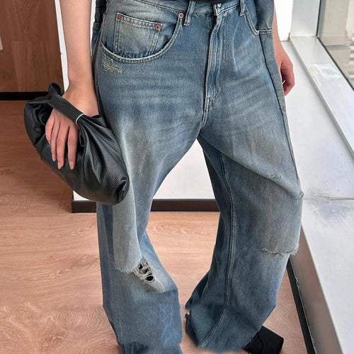 Load image into Gallery viewer, Solid Loose Spliced Hole Casual Jeans for Women High Waist Patchwork Pocket Basics Jean Female Fashion Clothing New
