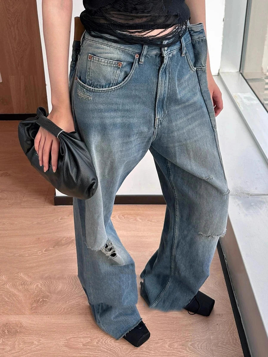 Solid Loose Spliced Hole Casual Jeans for Women High Waist Patchwork Pocket Basics Jean Female Fashion Clothing New